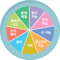 사고력의 전 영역 : 문재해결, 탐구지능, 언어지능, 수 지능, 공간지각지능, 기억, 분석, 논리형식, 창의적사고